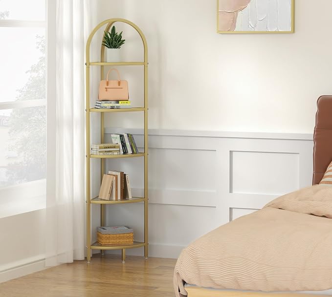 Homhedy 5-Tier Gold Corner Shelf Stand, Metal Corner Bookshelf | Display Shelf, Tempered Glass Shelves, Plant Stand, Storage Rack Shelf for Bedroom, Living Room, Home, Office, Gold