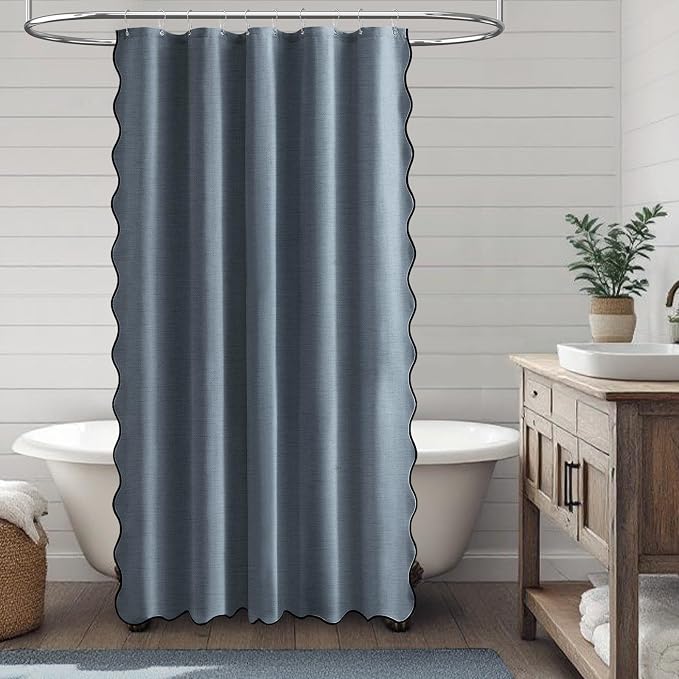54x78 Boho Scalloped Linen Textured Cloth Shower Curtain, Blue Grey | Narrow Long Size, 230GSM Waterproof Polyester, Heavy Duty Fabric, 10 Plastic Hooks, Elegant Farmhouse Style, Machine Washable