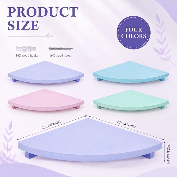 RattanView Corner Floating Shelves Set of 4 Macaron Corner Shelf Wall Mount | 9.8inch Colorful Rounded Shelves for Bathroom Bedroom Kitchen, Cute Wood Corner Shelves for Small Spaces Apartment Decor