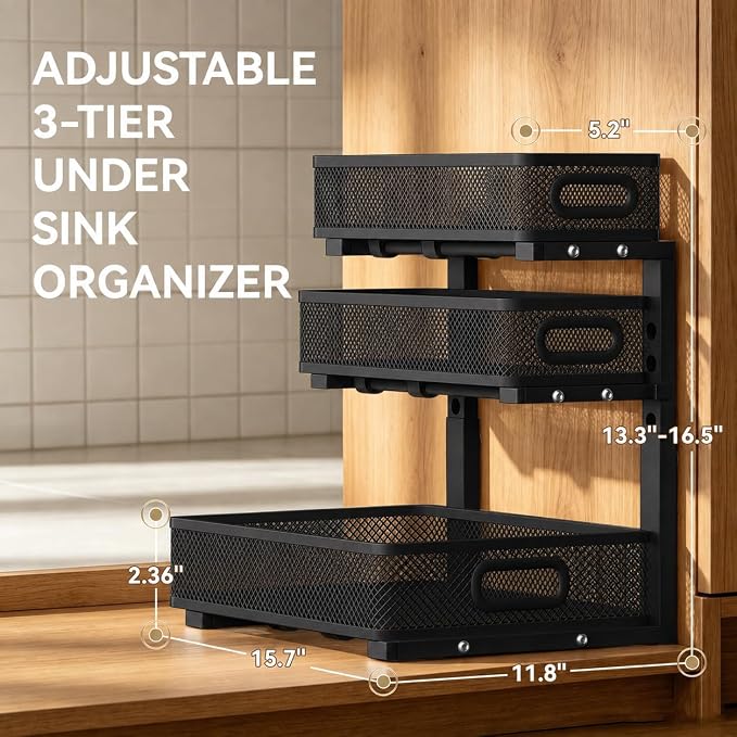 1 Pack 3 Tier Under Sink Organizer, Height Adjustable Heavy Duty Metal Under Cabinet Drawer Pull Out Shelf with Smooth Silent Sliding Design, Organizer and Storag Rack for Kitchen, Bathroom, Black