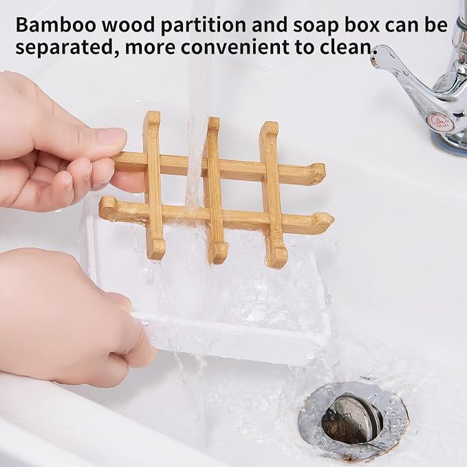 Bamboo Soap Dishes for Shower Wooden Soap Bar Holder for Bathroom Soap Tray Easy to Clean, Durable and with Non-Slip Pads(Single White Square)
