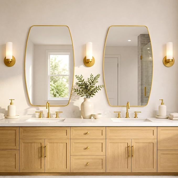 Brushed Gold Curved Rectangle Bathroom Mirror, 24x36 Inch | Aluminum alloy frame, tempered glass, two-way keyhole mount, for bedroom, dresser, hallway