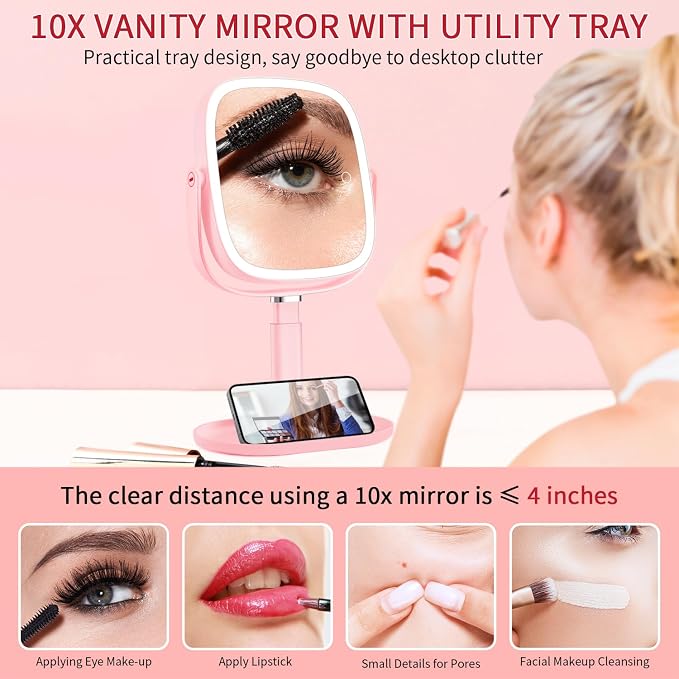 Vanmirr Height Adjustable Lighted Makeup Mirror with Magnification-Pink | 1x/10x Magnifying Mirror,8.5" Rechargeable Vanity Mirror with 3 Color Lights,360°Rotation 2-Sided Light up Desk Mirror
