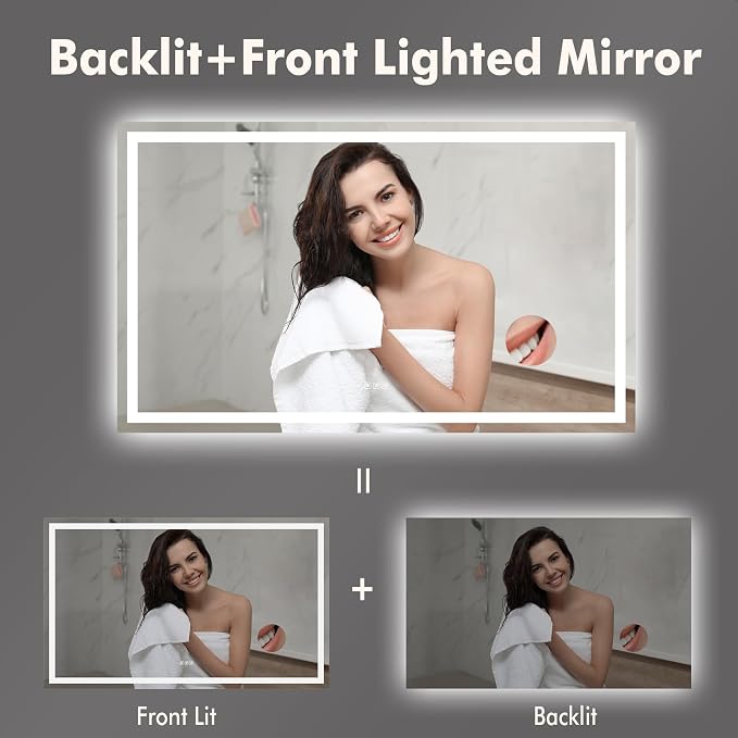Large LED Bathroom Mirror 60x36 Inch - Frontlit & Backlit Frameless Wall Vanity Mirror with Stepless Dimming, Adjustable Color Temp, Anti-Fog Defogger, Smart Memory & 3X Suction Mirror, Sha