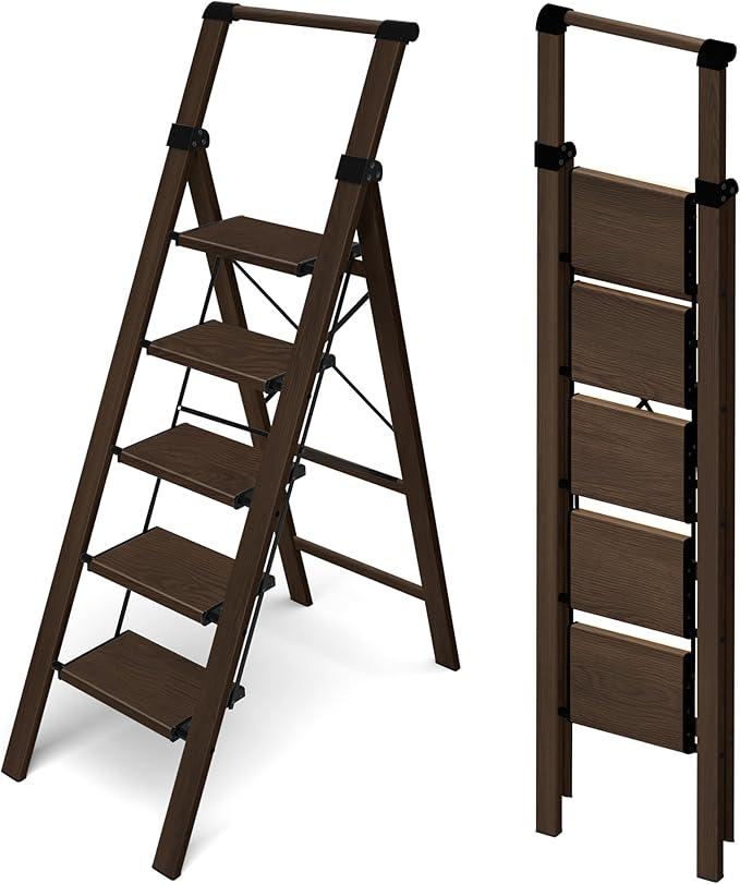 HillhutApex Aluminum 5 Step Ladder, Step Stool Foldable Ladder(Walnut) | Anti-Slip Pedals,330lbs Capacity,Lightweight Folding Ladders for Home,Office,Libaray