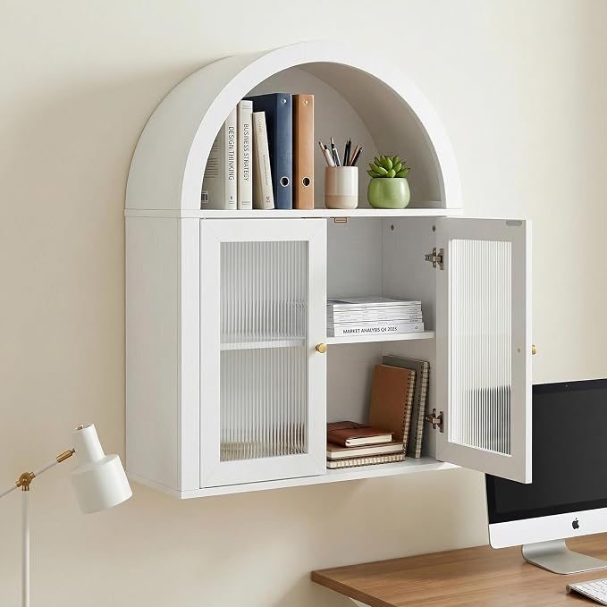 Arched Bathroom Wall Cabinet, Boho Medicine Cabinet with Tempered Glass Doors, Above Toilet Storage Cabinet, Wall Mounted Adjustable Shelf for Living Room, Restroom,White