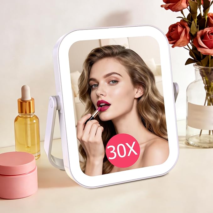 FUNTOUCH 3000mAh Rechargeable Travel Magnifying Mirror with Light,White | 2-Sided 30X Magnifying travel makeup mirror with 3-Color Lighting, Dimmable Touch Screen,Compact Vanity Mirror for Women Gift
