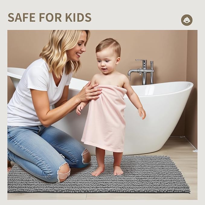 Bathroom Rugs Non Slip Washable 44x24, Extra Thick Soft Chenille Absorbent Bath Mat, High Density Barrier Non Slip Backing, Quick Dry Plush Shaggy Floor Carpet for Tub&Shower, Grey