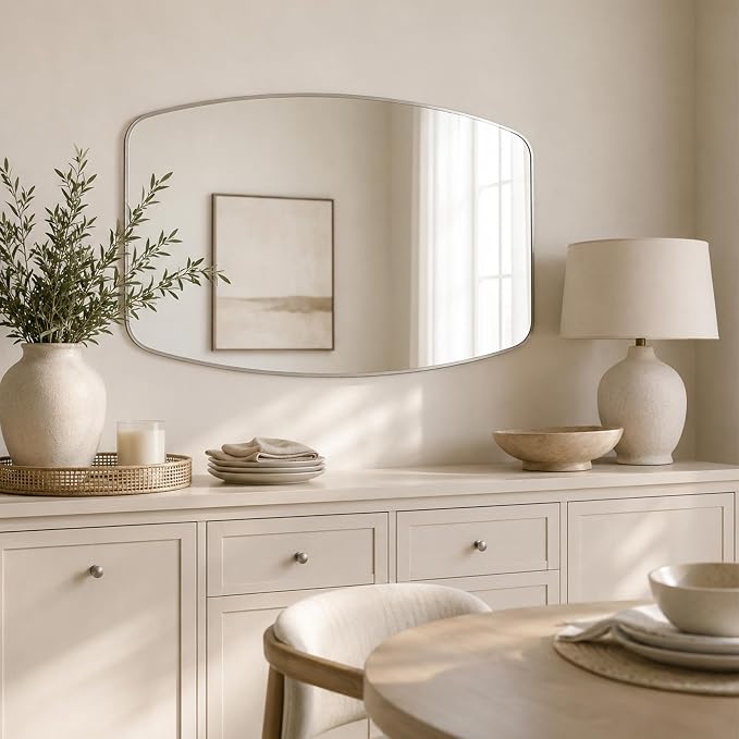 Brushed Nickel Curved Rectangle Bathroom Mirror, 24x36 Inch | Aluminum alloy frame, tempered glass, two-way keyhole mount, for bedroom, dresser, hallway