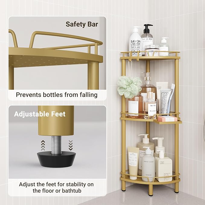 ELYKEN Corner Shower Caddy Standing, 3 Tier Metal Shower Organizer, Gold | Stainless Steel Shower Shelves with Soap Holder, Adjustable Feet & 2 Hooks for Storing Bath Essentials in Bathroom corner