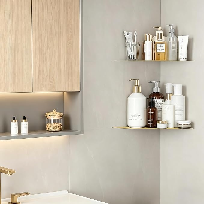 soaez Brushed Gold Corner Shower Shelf, SUS304 Stainless Steel Recessed Bathroom Shower Shelves, No Drilling Grout Mount Shelf for Shower, Bathroom Accessories (8", 2Pack)
