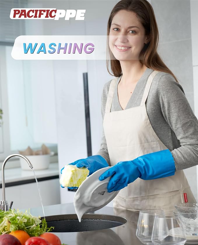 2 Pairs Cleaning Gloves, Cotton Liner, Purple+Blue, Medium | Waterproof dishwashing gloves with non-slip grip, Latex-Free, flexible fit for kitchen, bathroom, laundry & cleaning