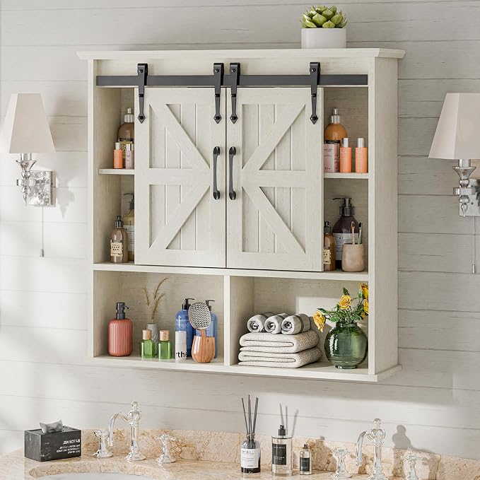 Vabches Bathroom Wall Cabinet, Farmhouse Medicine Cabinet, White | Wooden Vintage Storage Cabinet Wall Mounted with Double Sliding Barn Door and Adjustable Shelf for Bathroom, Kitchen