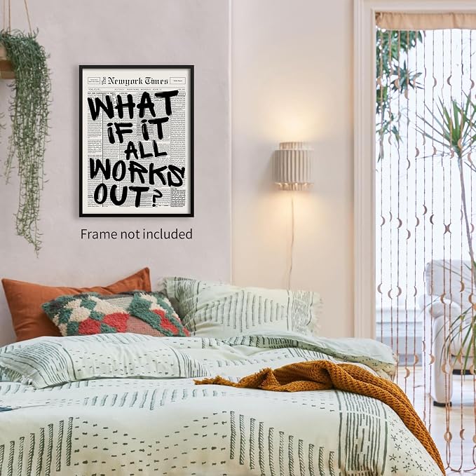 Haitunone What If It All Works Out Wall Art Black And White Minimalist Newspaper Poster Positive Affirmations Quote Canvas Prints for Living Room Bedroom Wall Decor 16X24 inch Unframed