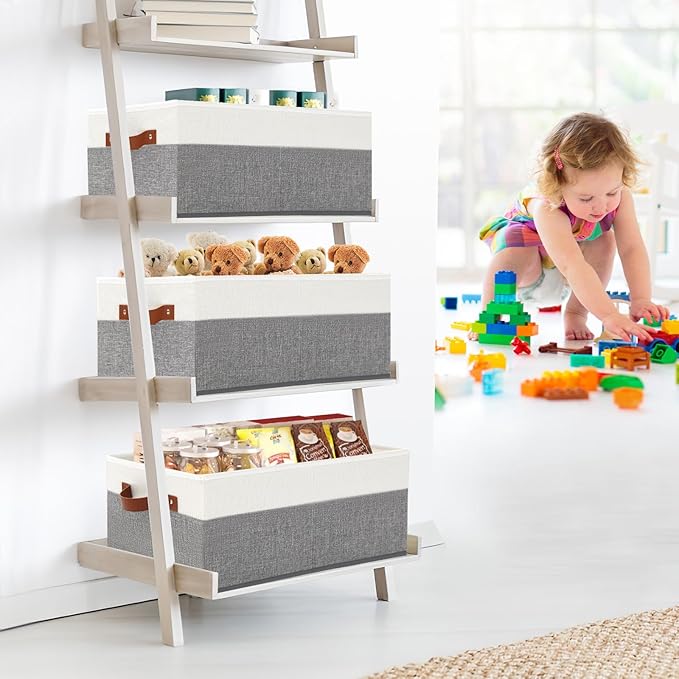 3 Pack Large Capacity Storage Bins Closet Organizer for Shelves | Fabric Closet Storage Baskets Boxes with Leather Handles for Organizing Clothes, Sheets, Jeans, Toys, Books (Grey)