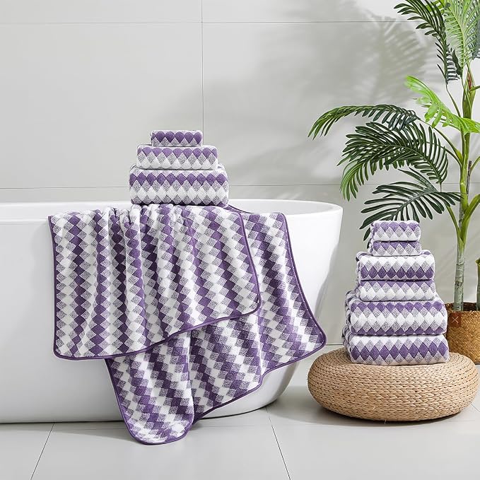 12 Pcs Purple White Diamond Towel Set-4 Bath Towels,4 Hand Towels,4 Washcloths Soft Polyester Bath Sheet with Loop Absorbent Shower Towel Quick Dry Beach Chair Towel Family Towels for Bathroom Spa Gym