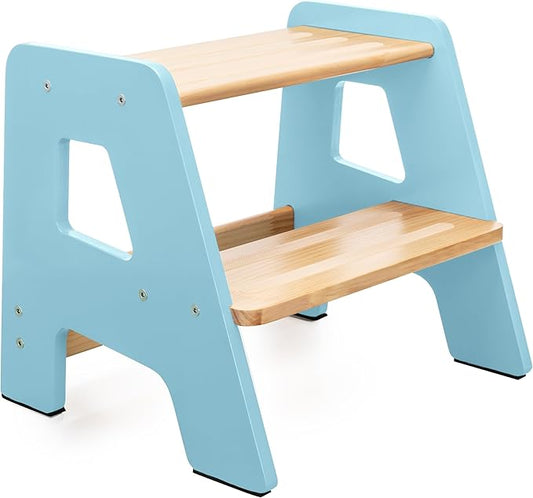 2-Step Wooden Toddler Step Stool for Bathroom Sink & Kitchen Use - Blue | Non-slip steps and padded feet for extra stability. Lightweight to carry, safely supports ages 2+ and adults up to 250 lbs.