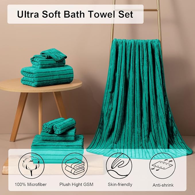 8 Pcs Blue Green Cabana Stripe Large Bath Towel Set - Oversize Bath Sheet, 2 Bathroom Towels, 2 Hand Towels, 4 Washcloths - Soft, Jumbo, Absorbent Shower Towel - Quick Dry, Beach, Spa, Gym Towel