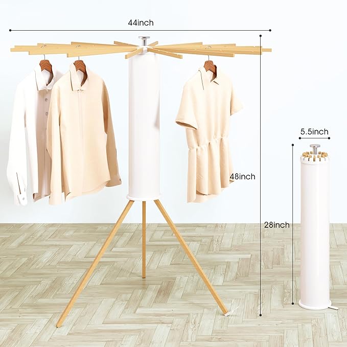 Heavy-Duty Wooden Tripod Clothes Drying Rack, 16 Rods, Large Capacity, 360° Airflow Umbrella Dryer, Foldable Space-Saving Floor Stand for Indoor Outdoor Use