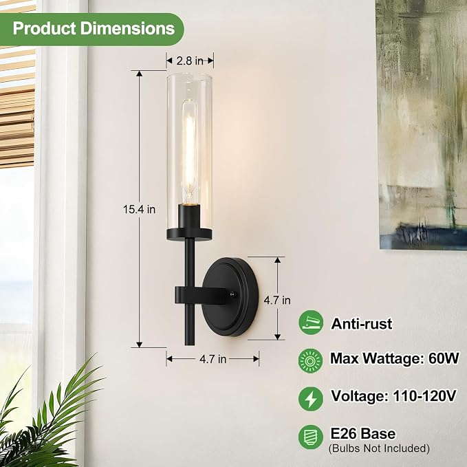 Hardwired Wall Sconces Set of Two, Matte Black Bathroom Sconces with Clear Glass, Modern Wall Light Fixtures for Bathroom Mirror Vanity, Living Room, Bedroom, Hallway, Stairway, Cabinet, Foyer