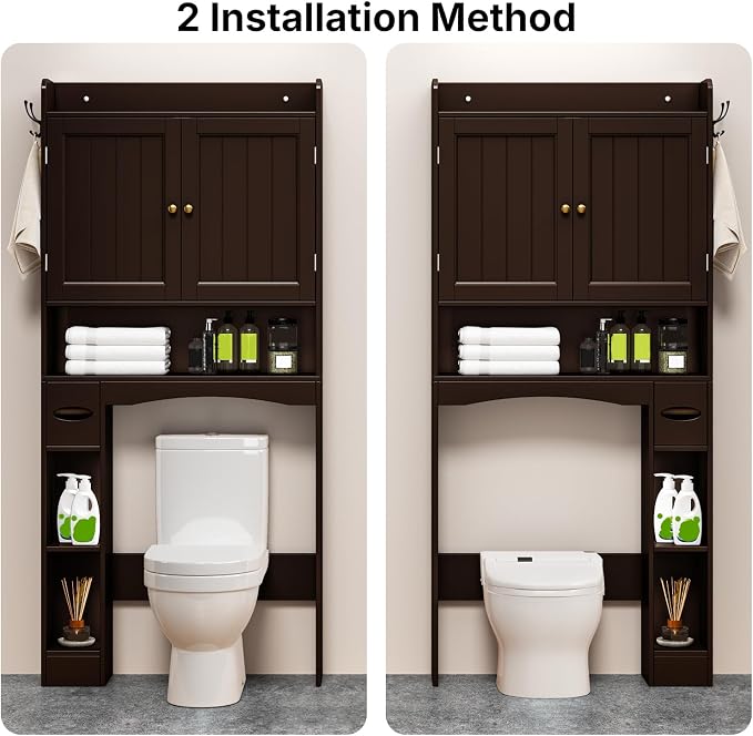 Over The Toilet Storage Cabinet, 32.3" W, Grey | Over Toilet Bathroom Organizer with Doors, Adjustable Shelves, Toilet Paper Holder, 2 Side Hooks, for Bathroom, Laundry
