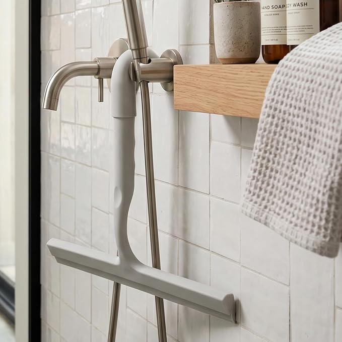 Shower Squeegee for Glass Doors, 10-Inch Silicone, Fishtail Type Hook, Grey | One-piece Silicone, Fishtail Hook, Non-slip Grip and Quiet Glide for Shower Glass, Tile, Mirrors, Windows and Car Glass