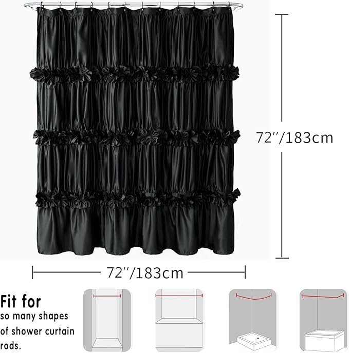 Black Handcrafted Bow Tie Shower Curtain 72" W x 72" H | Vintage Ruffle Bath Curtain for Master Bathroom, Ruched Satin Bathroom Curtain with 12 Buttonholes (LQ-10)