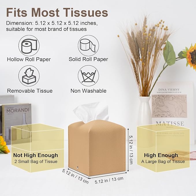 AISOSO 2Pcs Square Tissue Box Cover, Cream, 5.12" X 5.12" X 5.12" | PU Leather, Decorative Tissue Organizer Dispenser Holder, Fit for Bathroom, Desk, Home, Car, Office