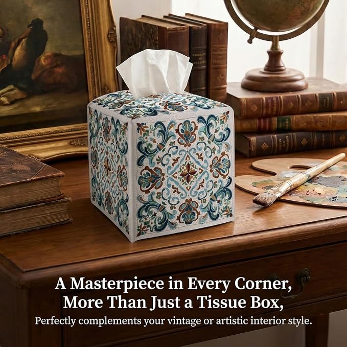 Tissue Box Cover Holder Square - Vintage Boho PU Leather Decorative Organizer, Ethnic Carpet Pattern Design Inspired, with Bottom Belt for Bathroom Car Office Tabletop Home, 5x5 Inch (Blue)