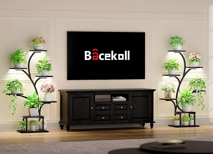 BACEKOLL Plant Stand Indoor with Grow Light, 7 Tier 49" Lighted Plant Shelf | Tree-Shaped Tall Holder with Full Spectrum Light for Indoor Growing, Sturdy Metal Rack for Home Corner, Space-Saving, Black