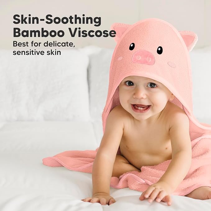 KeaBabies Hooded Baby Towel for Newborn, Baby Bath Towels (Piglet, 35x35) | Viscose Derived from Bamboo, Large Baby Towels with Hood, Boys, Girls, Toddler, Soft Absorbent Baby Bath Essentials