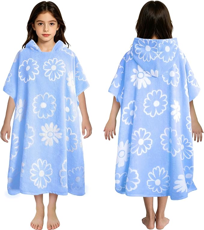 VOOVA & MOVAS Big Kids Hooded Poncho Towel, 8 Years UP,Blue Daisy | Fresh Blue Daisy Jacquard Print, Gentle Texture, 100% Cotton,High Absorbency & Fast Drying for All Water Activities