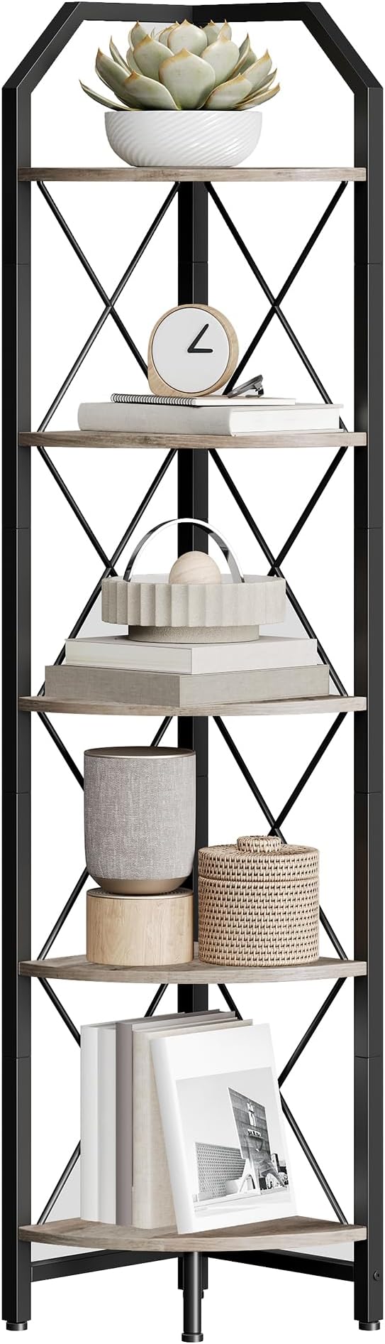 5-Tier Corner Shelf, Industrial Corner Bookshelf, 59.4" Corner Storage Stand, Plant Stand Display Shelf, Corner Bookcase for Bedroom, Living Room, Home Office, Greige and Black TCJ10BG