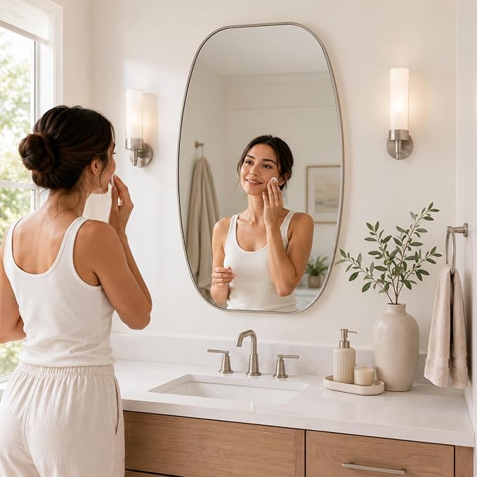 Brushed Nickel Capsule Bathroom Mirror, 24x36 Inch | Aluminum alloy frame, pill-shaped design, tempered glass, two-way mount for dresser and console