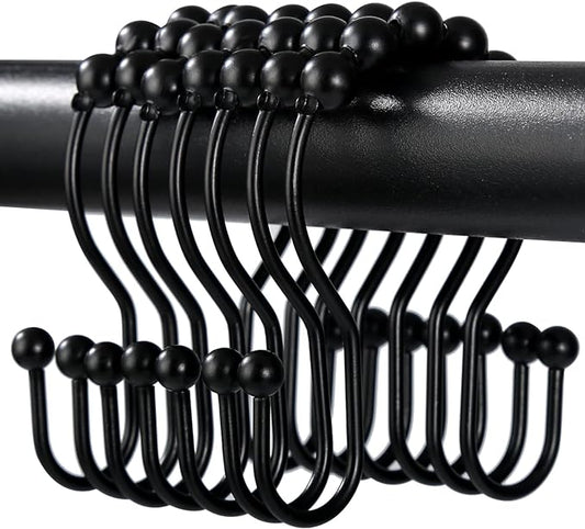 Shower Curtain Hooks, OEH Shower Curtain Rings, Black Shower Curtain Hooks Rust Proof, Smooth Gliding Metal Shower Curtain Rings Rust Proof, Double Shower Rings for Curtain, 12 Pcs, Black