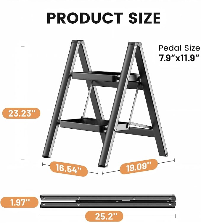 2 Step Ladder, Folding Step Stool, Lightweight Stepladder, Black | Anti-Slip 7.9'' Wide Pedal;Space-Saving;For Kitchen, Home, Library, Office Use;300lbs Capacity