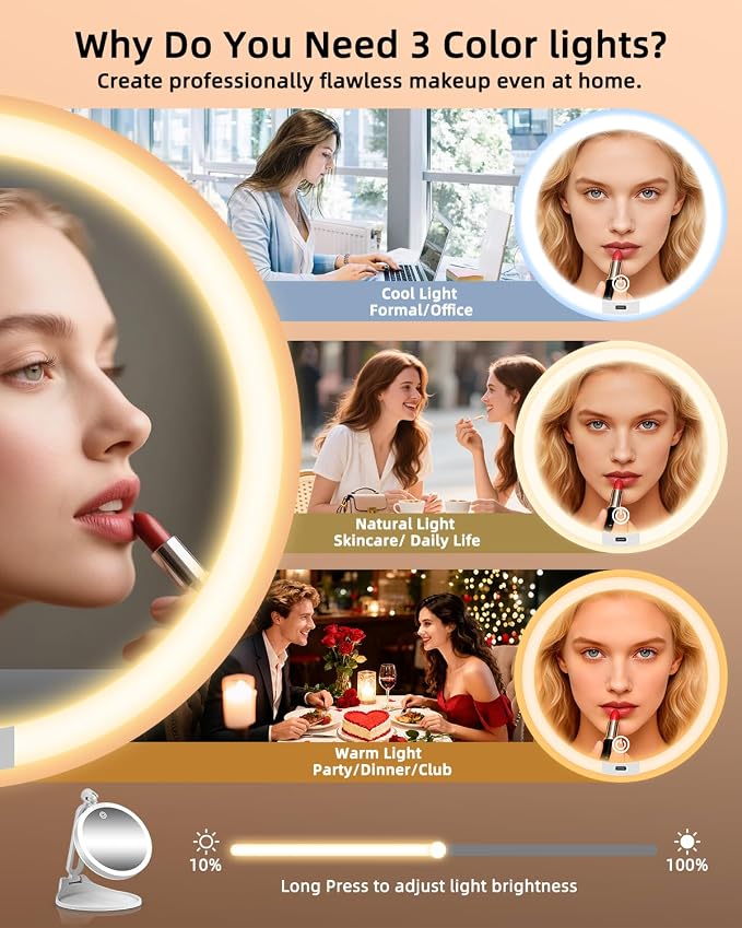 Travel Magnifying Makeup Mirror with Lights, Dual Sided 1X/30X Lighted Magnified Mirror, Rechargeable 3 Colors Dimming Lighting, Large Size of 6inch, Foldable Design, 360°Angle Adjustable