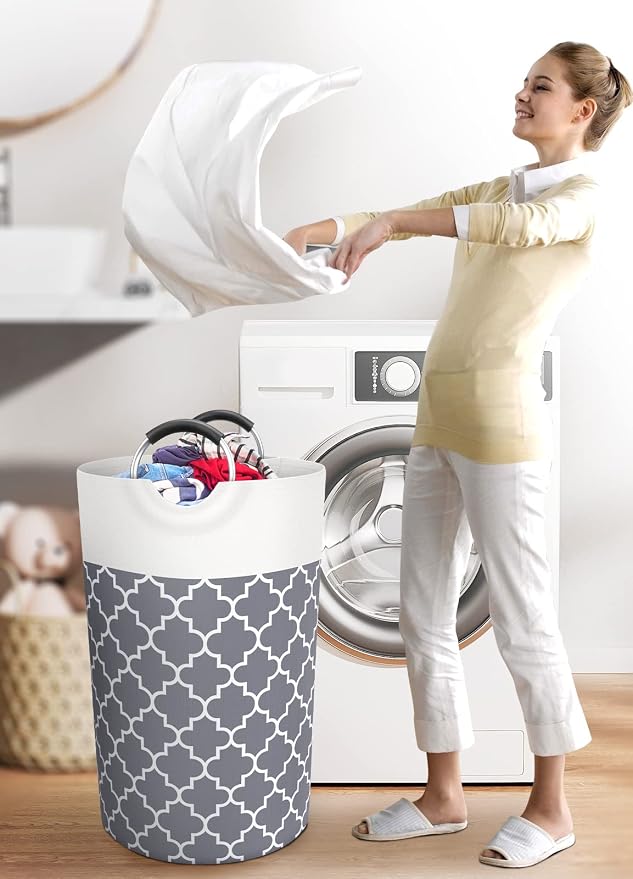 Large Laundry Basket 82L Tall Collapsible Hamper with Handles for Dorm Grey | Freestanding Laundry Hamper, Waterproof Dirty Clothes Storage Bag for College, Bathroom, Foldable Washing Bin for Travel