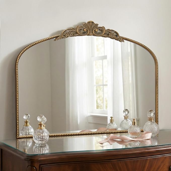 Micasso Vintage Gold Arched Mirror: 32"x24" Baroque Antique Vanity Mirror | Traditional Ornate French Decorative Wall Mirror for Bedroom/Bathroom/Entryway/Hallway/Dresser/Mantel/Nightstand/Over Sink