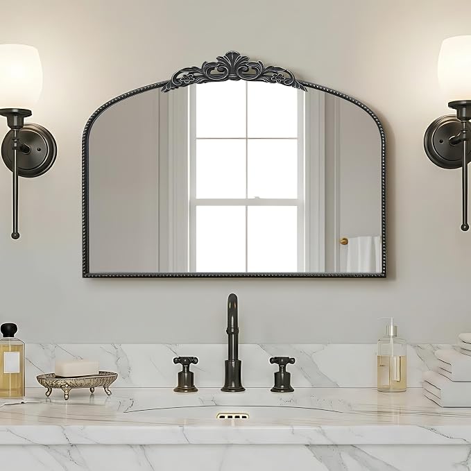 Micasso Vintage Black Arched Mirror: 32"x24" Baroque Antique Vanity Mirror | Traditional Ornate French Decorative Wall Mirror for Bedroom/Bathroom/Entryway/Hallway/Dresser/Mantel/Nightstand/Over Sink