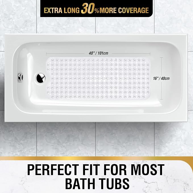 HITSLAM Bath Mat for Tub, Non Slip Bathtub Mat, 40 x 16 Inch Extra Long Bath Tub Mat, Machine Washable Bathroom Shower Mat with Suction Cups and Drain Holes, Soft on Feet, Clear
