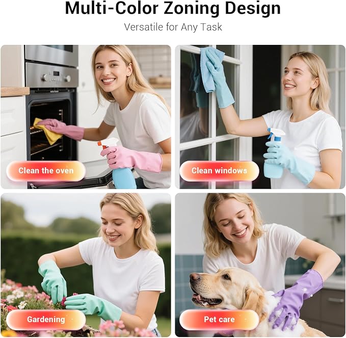 ThxToms 4 Pairs Reusable Dishwashing Cleaning Gloves,10 Mil Thick, 13" | Non-Slip Rubber Kitchen Gloves, Multi-Color, Ideal for Household, Bathroom, Pet Care & Gardening, Medium