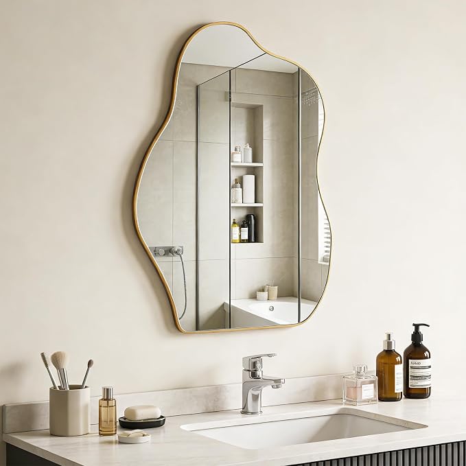 Ruomeng Irregular Wall Mirror Asymmetrical Mirror, Gold Mirror Tempered Glass for Bathroom Living Room Bedroom Entryway, Modern Decorative Wall Decor, Shatterproof, 28" x 20"