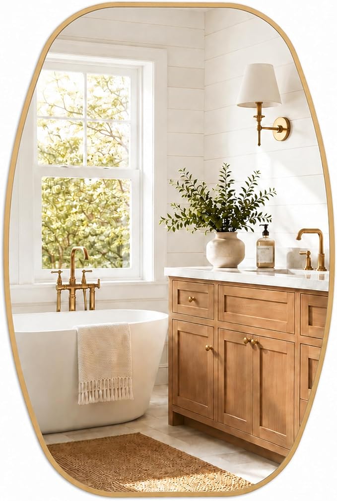 Matte Gold Capsule Bathroom Mirror, 24x36 Inch | Aluminum alloy frame, muted vintage gold tone, tempered glass, two-way mount for dressing space