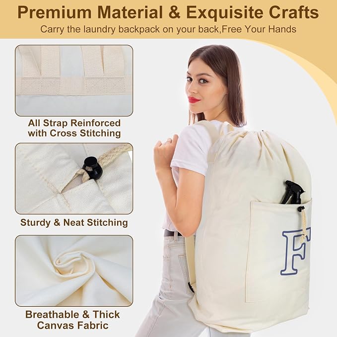 Laundry Bag Backpack Personalized Initial Canvas Laundry Bag, Letter F | with Straps & Drawstring Closure, Dirty Cloth Hamper, For College, Travel, Laundromat, Camping