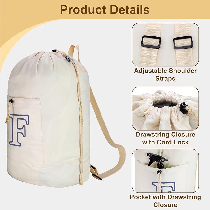 Laundry Bag Backpack Personalized Initial Canvas Laundry Bag, Letter F | with Straps & Drawstring Closure, Dirty Cloth Hamper, For College, Travel, Laundromat, Camping
