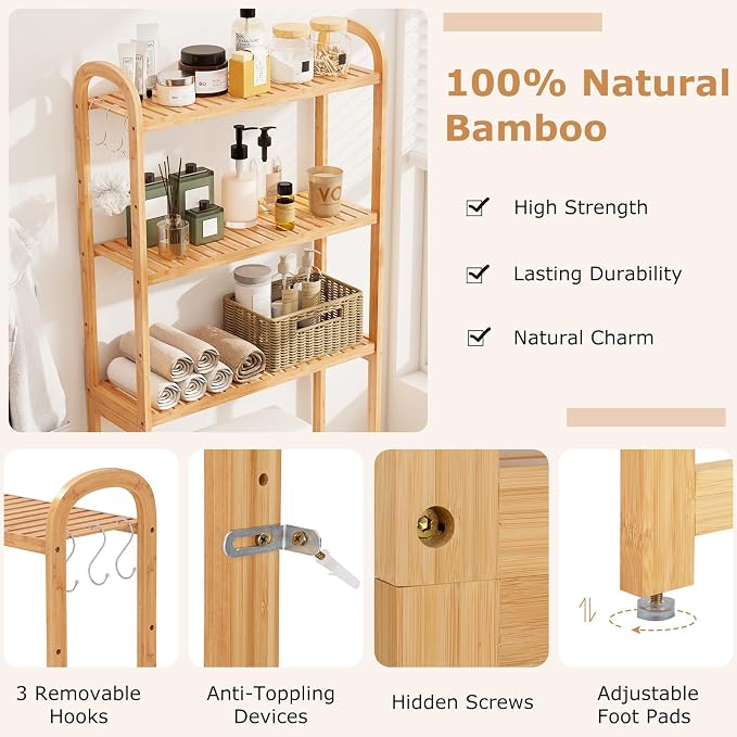 GIANTEX Bamboo Over The Toilet Storage, 3-Tier Over Toilet Bathroom Organizer with 3 Hooks & Adjustable Shelves, Freestanding Space Saver Above Toilet Shelf Rack for Laundry, Balcony, Restroom