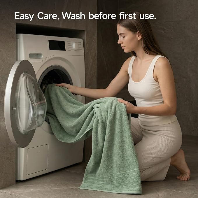 REDKISS 2 Pack Extra Large 35x70 Inch Cotton Bath Towels, Green | 100% thick cotton, ultra soft & absorbent, quick dry green towels for bathroom, gym, spa, pool, hotel