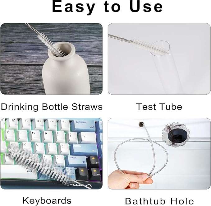 CiaraQ 11-Piece White Tube & Pipe Cleaning Brush Set | – 10 Rigid Brushes 1/16"-1" + 60" Flexible Wand Brush, Medium-Stiffness Nylon – for Drains, Guns, Coffee & Labs