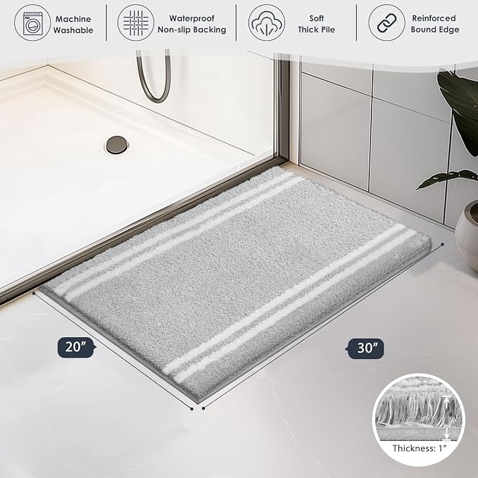 PURRUGS Bathroom Rug, Bath Mat, 20" x 30", Light Grey | Machine Washable, Non-Slip, Waterproof TPR Backing, Super Absorbent, Quick Dry, Bath Rug for Shower, Bathtub, and Sink